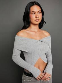 WESTFADE Cardigan tricoté côtelé avec épaules dénudées - Gris - Voir 7