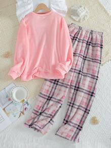 SHEIN Women's Minimalist Heart Embroidery Fleece Comfortable Warm Long Sleeve Plaid Pants 2-Piece Pajama Set