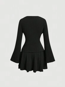 SHEIN MOD 2 件女式纯色 V 领喇叭袖上衣和 A 字裙休闲装，春夏