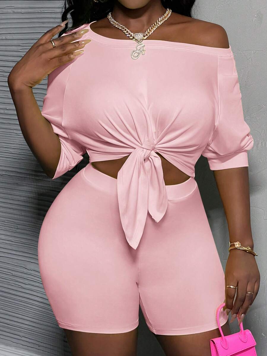 Slaydiva 2 件套女士夏季纯色休闲不对称领蝴蝶结下摆宽松 T 恤和紧身短裤套装