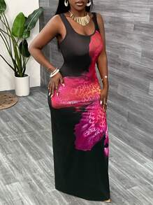 Slaydiva New Casual And Elegant U-Neck Sleeveless Slim Long Dress Black Bottom Large Flower Print Women's Long Dress - Multicolor - View 6