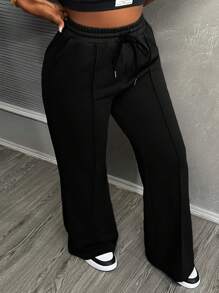 Slaydiva Women's Solid Color Drawstring Waist Pockets Loose Casual Sweatpants - Black - View 6