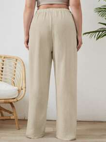 SHEIN Cottnline Plus Cottonline Knot Solid Color Casual Women's Pants - Beige - View 2