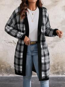 SHEIN LUNE Plus Size Women Plus Size Plaid Print Tie Front Long Sleeve Cardigan Fall Cloth For Women - Black and White - View 5