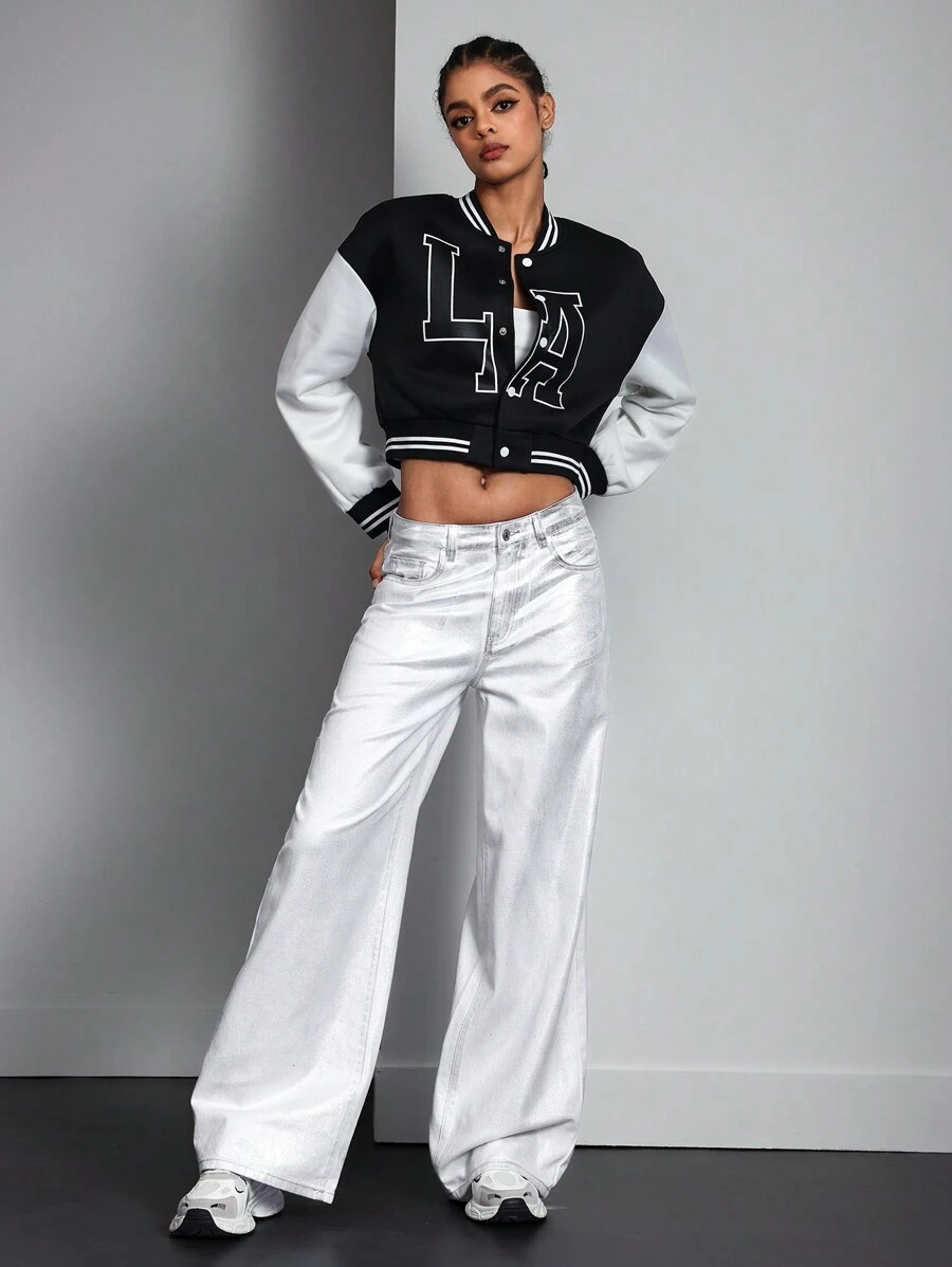 时尚金属洗水阔腿牛仔裤秋季女装 - 白色 - 查看 1