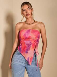 SHEIN BAE 女士时尚不对称下摆拼色露肩上衣 海滩女士可爱上衣 夏季女士上衣 - 粉色 - 查看 1