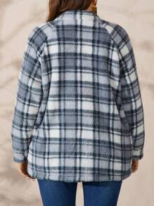 EMERY ROSE Plus Size Women's Plaid Raglan Sleeve Fleece Casual Fuzzy Jacket, Autumn Winter