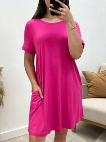 SHEIN SXY Vestido corto minimalista de cuello redondo y manga corta sólido para mujer, uso casual diario