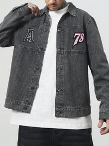 Manfinity Homme Chaqueta vaquera casual con cuello de solapa, botones delanteros, manga larga y estampado de letras para hombres