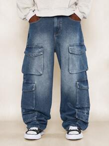 SUMWON Pantalón vaquero holgado tipo cargo con bolsillos utilidad - Azul - Ver 2