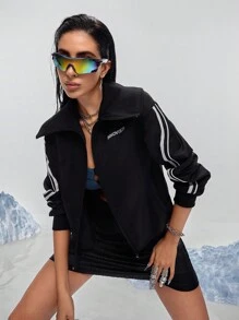 Innovista Damen Kontrast-Farbung einfacher bedruckter Langarm Sport Jacke, schwarze Jacken für Damen, Trainingsanzug