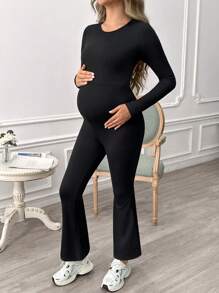 SHEIN Pregnant Women's Sexy Solid Color Black Low Back Long Sleeve Fitted Jumpsuit For Spring And Autumn, For Maternity - Black - View 3
