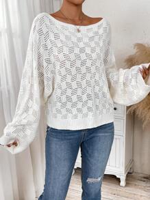 SHEIN LUNE Women's Solid Color Round Neck Batwing Sleeve Hollow Out Loose Casual Sweater For Autumn Winter, Knit Pullover Fall - White - View 3