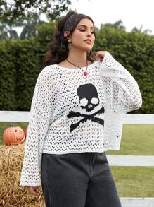 SHEIN EZwear Plus Size Women's Plus Size Drop Shoulder Long Sleeve Hollow Skull Knit Sweater, Autumn/Winter