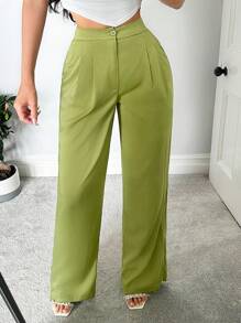 SHEIN SXY Women Casual Business Casual Solid Color Pleated Chino Pants High Waisted Pants In Summer Teachers' Day Office Olive Green - Green - View 4