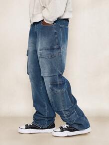 SUMWON Pantalón vaquero holgado tipo cargo con bolsillos utilidad - Azul - Ver 4