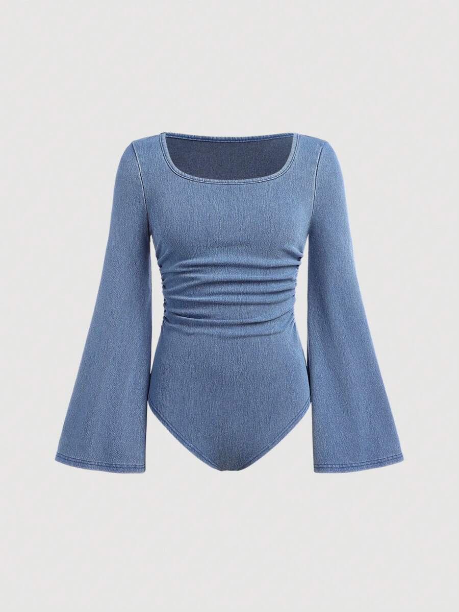 SHEIN 青少年女孩秋装石洗针织牛仔弹力牛仔连体裤带喇叭袖休闲紧身衣