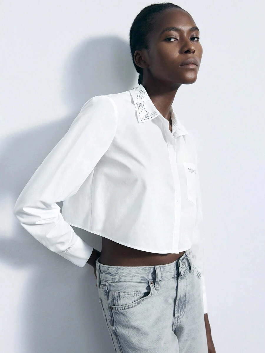 Maija 女士水钻装饰短款长袖口袋前扣休闲衬衫、上衣 - 白色 - 查看 1