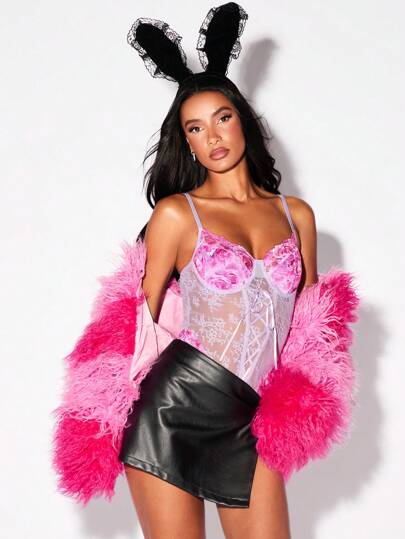 Glamine Women's Lace Printing Contrasting Colors Tie Women Bodysuits Halloween Party