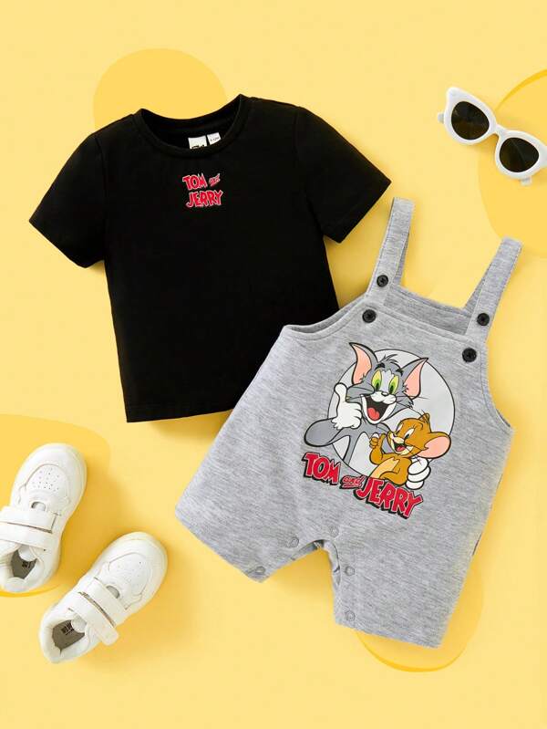 TOM & JERRY X SHEIN 2 bucăți pentru bebeluș băiețel cu imprimeu de desene animate tricou negru casual și set gri drăguț cu bretele