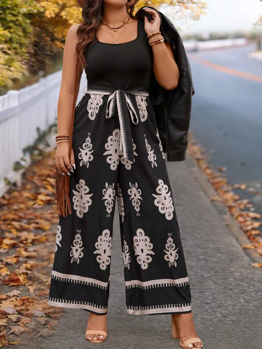 SHEIN VCAY Mono de parchwork tejido con estampado de reunión de hermanas de regreso a la escuela para otoño/invierno de talla grande - Multicolor - Ver 1