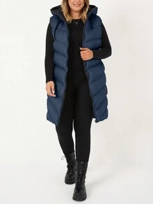 SHEIN Cottnline Abrigo acolchado sin mangas con capucha con cordón para mujer de talla grande - Azul Marino - Ver 3