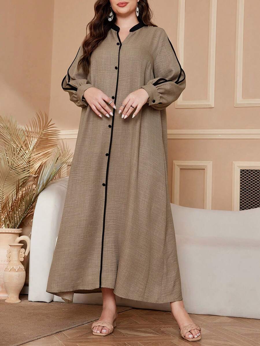 Al Najma Váy dài tay viền tương phản cỡ lớn cho nữ, phong cách giản dị, kín đáo, váy dài cỡ lớn - Màu be - Xem 1
