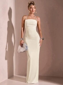 SHEIN BAE 女士夏季浪漫约会海滩度假性感露背高开叉吊带裹身荷叶边前系带连衣裙 - 杏色 - 查看 8