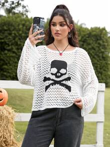 SHEIN EZwear Plus Size Women's Plus Size Drop Shoulder Long Sleeve Hollow Skull Knit Sweater, Autumn/Winter