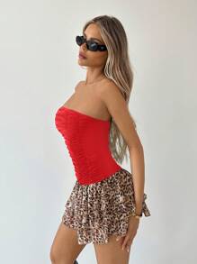 SHEIN ICON Fitted Leopard Print Pleated Layered Hem Bandeau Women Dress
