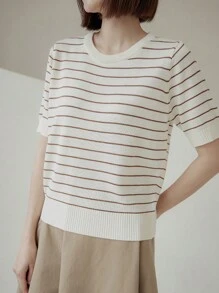 DAZY 女式条纹短袖披肩毛衣秋季 - 棕色 - 查看 4