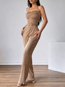 Firerie 2 件套女式吊带背带上衣和松紧腰裤休闲套装 - 卡其色 - 查看 3