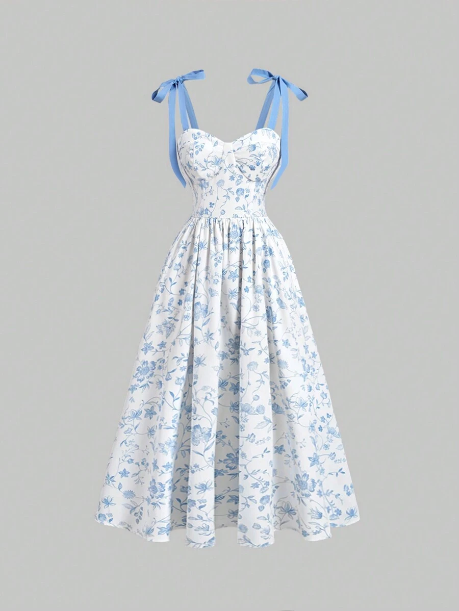 SHEIN MOD 女士无袖系带花卉印花中长褶皱连衣裙返校节连衣裙海滩女士服装节日服装文艺复兴连衣裙复古 - 杏色 - 查看 1