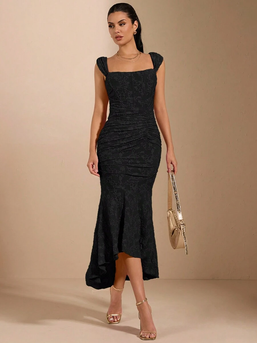 SHEIN BAE Summer White Sexy Texture Jacquard Off-Shoulder Maxi Dress With Hollow Back And Elegant Fishtail Hem, Elegant And Suitable For Gatherings, Back-To-School Season Dresses, Wedding Banquets, Cocktail Parties, Bridesmaid Dresses, Holiday Maxi Dresses, Corset Dresses Summer Outfits For Women/Spring Clothes/Valentine Day Outfit/Carnival/Beach Vacation Outfits - Black - View 1