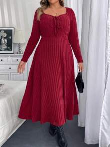 Calvaya Plus Size Solid Color Long Sleeve Dress, Spring & Autumn For New Year Clothes Maxi Women Outfit - Red - View 3