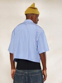 SUMWON Crop Fit Stripe Shirt With Letter Graphic Print - Blue - View 2