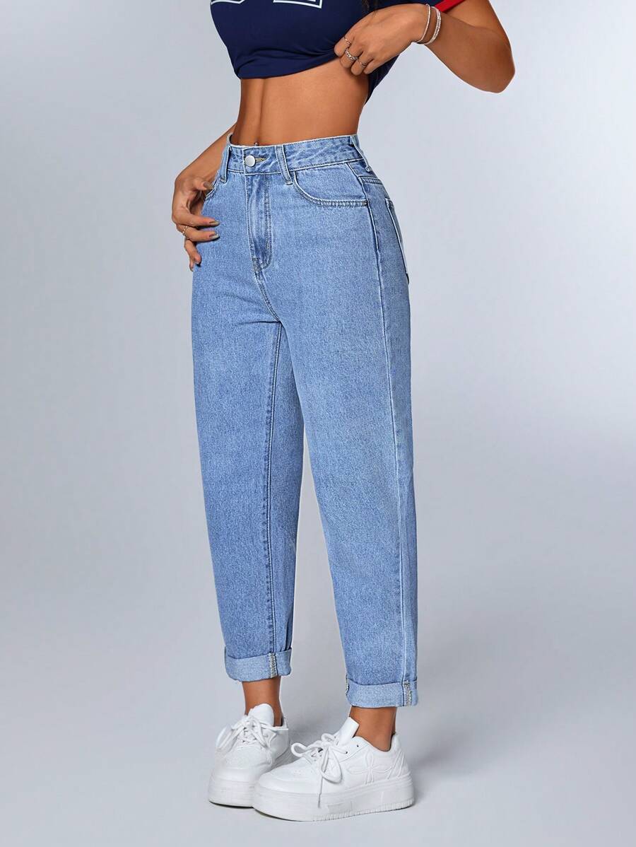 SHEIN PETITE High Waist Roll Hem Cropped Jeans - Medium Wash - View 1