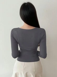 DAZY Women's Solid Color Simple Daily Criss-Cross Long Sleeve T-Shirt - Dark Grey - View 5