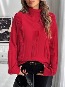 SHEIN LUNE Red Cable Knit Crew Neck Sweater For Women - Red - View 5
