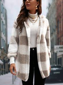 SHEIN LUNE 女士秋冬格纹蓬松长袖连帽宽松休闲针织外套