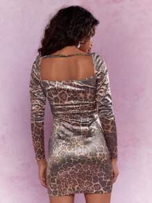 MISSGUIDED Leopard Print Satin Ruched Cut-Out Long Sleeves Bardot Bodycon Mini Dress - Multicolor - View 2