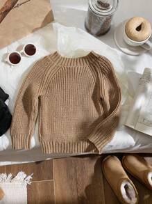 SHEIN Leap Crew Áo len chui đầu cổ tròn phong cách thể thao dễ thương cho bé trai, thích hợp cho mùa xuân, thu và đông, mặc trong nhà và ngoài trời - Màu Khaki - Xem 2