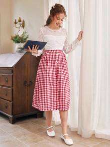 2pcs/Set Teen Girls Elegant Long Sleeve Lace Top & Plaid Skirt, Spring/Autumn - Multicolor - View 6