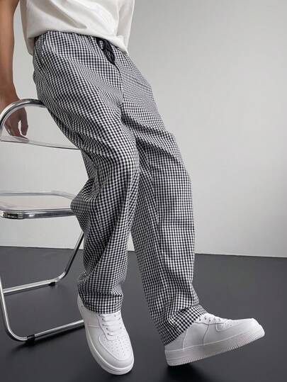 Manfinity Hypemode Men's Casual Plaid Drawstring Waist Pants, Long Vacation Straight Leg Slacks Color Block Pants, For Husband, Boyfriend Gifts, Fall