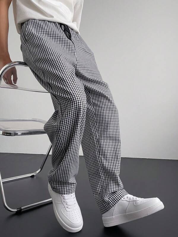 Manfinity Hypemode Pantaloni casual pentru bărbați în carouri cu șnur, pantaloni lungi de vacanță cu picioare drepte, pantaloni color block, pentru cadouri pentru soț, iubit
