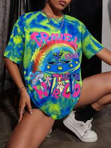 SHEIN Unity 女士夏季休闲外星人字母印花扎染圆领短袖T恤，图案T恤，女士上衣 - 彩色 - 查看 7