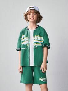 SHEIN 2pcs Tween Boy Letter Print Short Sleeve Shirt & Shorts Set - Green - View 13