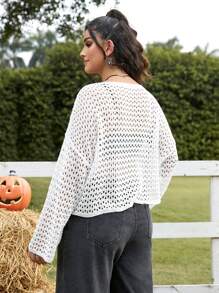 SHEIN EZwear Plus Size Women's Plus Size Drop Shoulder Long Sleeve Hollow Skull Knit Sweater, Autumn/Winter