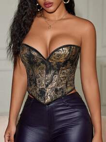 Blazique Yuwenier Vintage Floral Embriodery Hanky Hem Boned Lace Up Back Backless Overbust Shapewear Corset Crop Tube TopNew Year - Multicolor - View 5