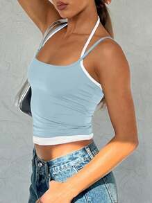 女士无袖纯色拼接简约吊带背心，休闲日常穿着 - 淺藍色 - 查看 3